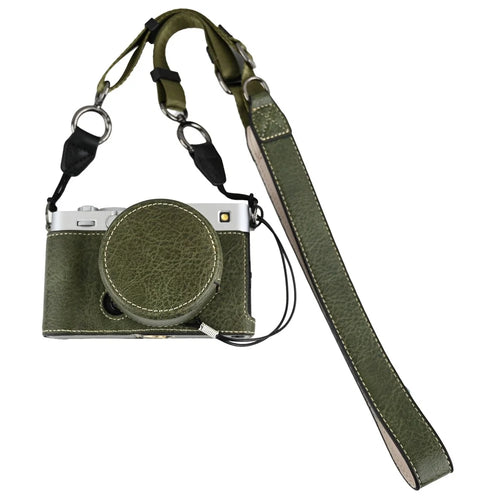 For Fujifilm X-E5 Camera Half Case Battery Opening Litchi Texture Leather Bottom Cover with Lens Cap and Shoulder Strap - Green - 1