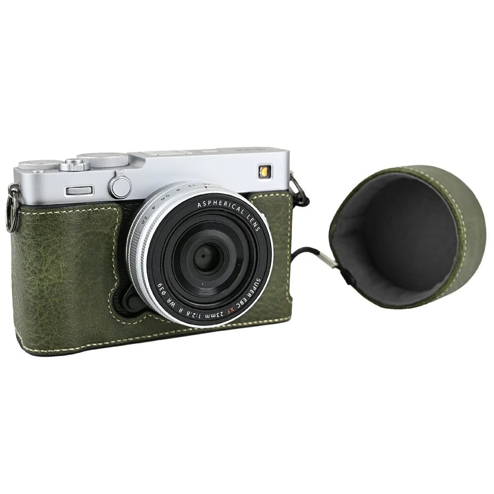 For Fujifilm X-E5 Camera Half Case Battery Opening Litchi Texture Leather Bottom Cover with Lens Cap and Shoulder Strap - Green - 3