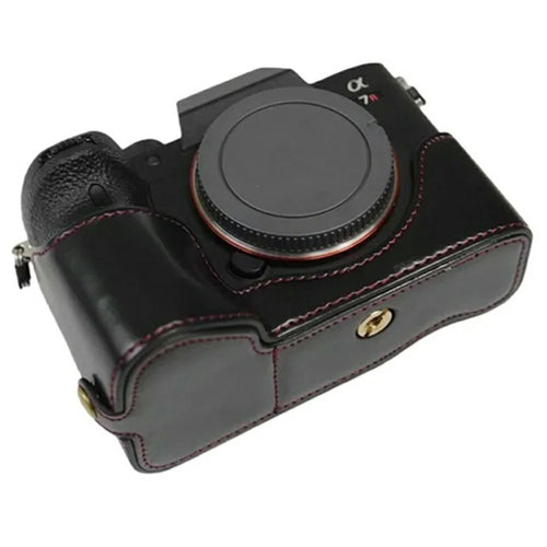 For Sony A7R IV Camera Bottom Case PU Leather Half Cover with Battery Opening - Black - 1