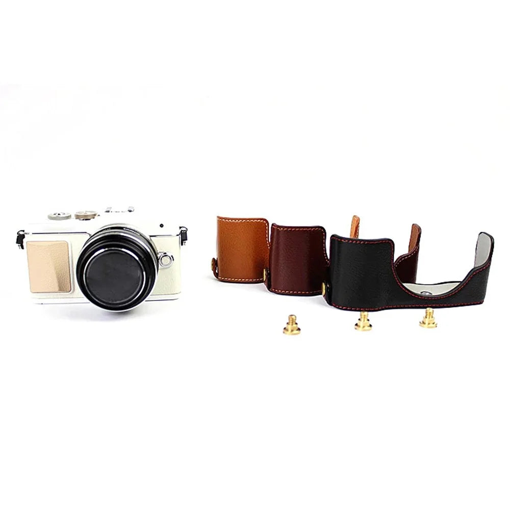 For Olympus E-PL7/PL8/PL9 Genuine Leather Camera Case Half Body Protective Cover with Bottom Opening - Black - 2