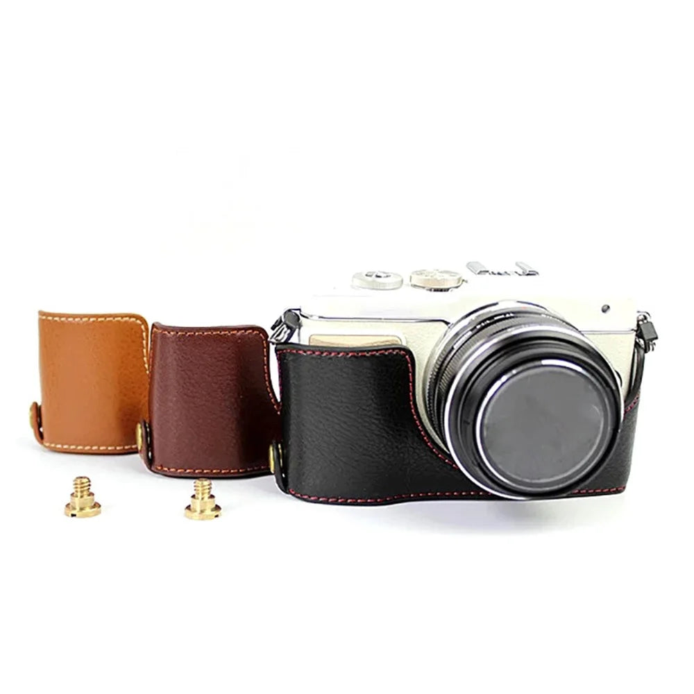 For Olympus E-PL7/PL8/PL9 Genuine Leather Camera Case Half Body Protective Cover with Bottom Opening - Black - 3