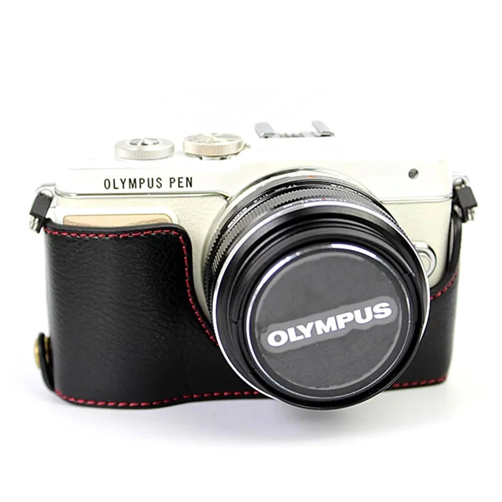 For Olympus E-PL7/PL8/PL9 Genuine Leather Camera Case Half Body Protective Cover with Bottom Opening - Black - 5