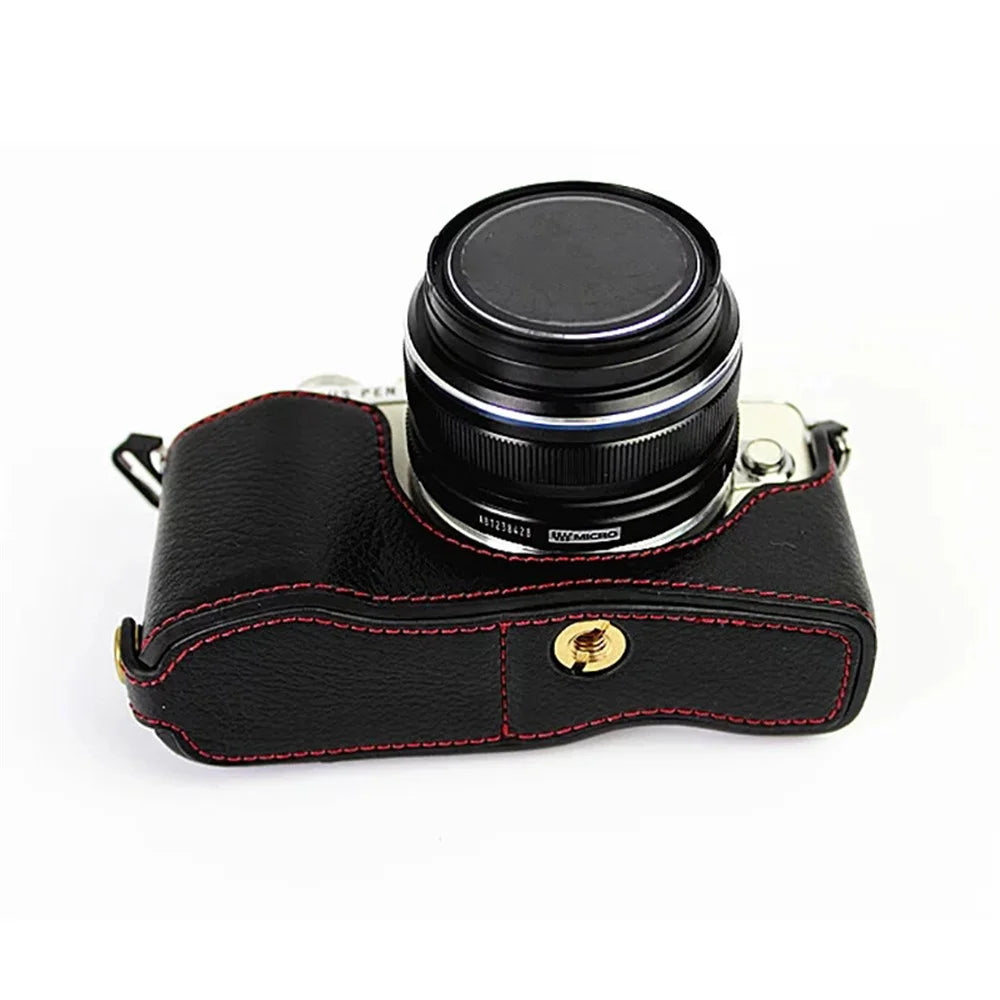 For Olympus E-PL7/PL8/PL9 Genuine Leather Camera Case Half Body Protective Cover with Bottom Opening - Black - 6