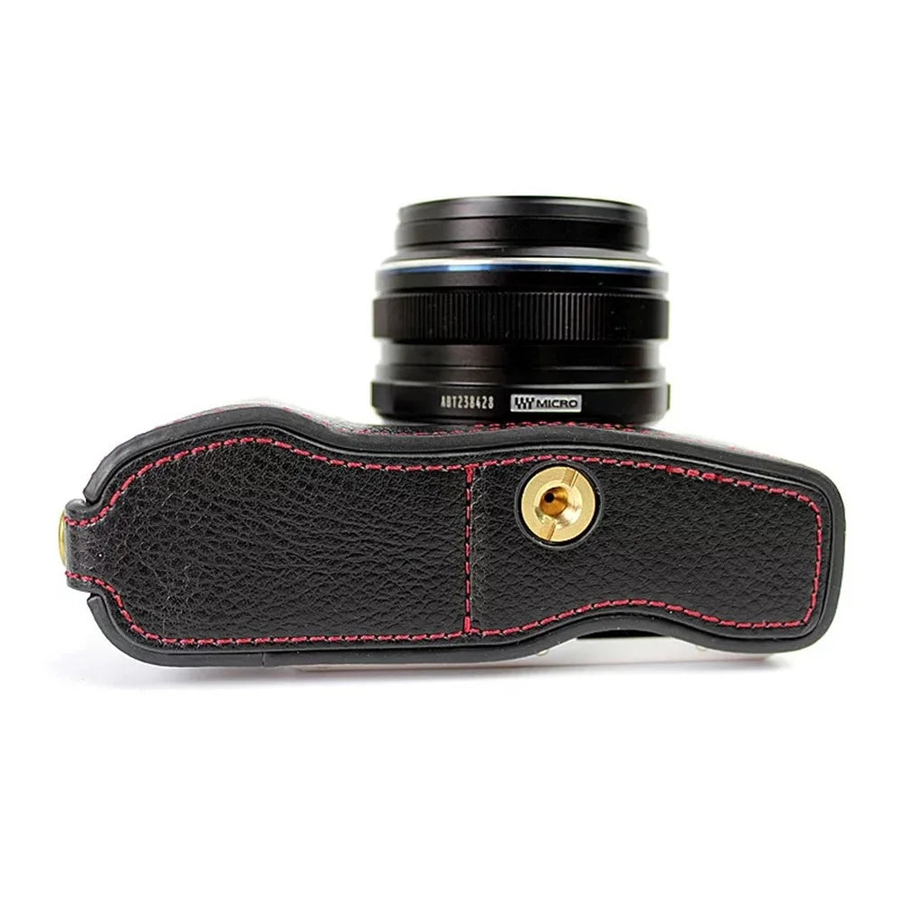 For Olympus E-PL7/PL8/PL9 Genuine Leather Camera Case Half Body Protective Cover with Bottom Opening - Black - 7
