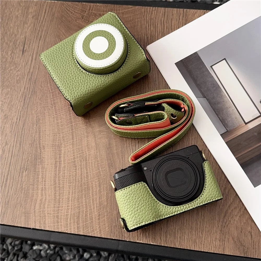 For Ricoh GR IV / GR IIIx / GR III Camera Case Detachable Leather Cover with Flip-Top Lid / Shoulder Strap - Green - 3