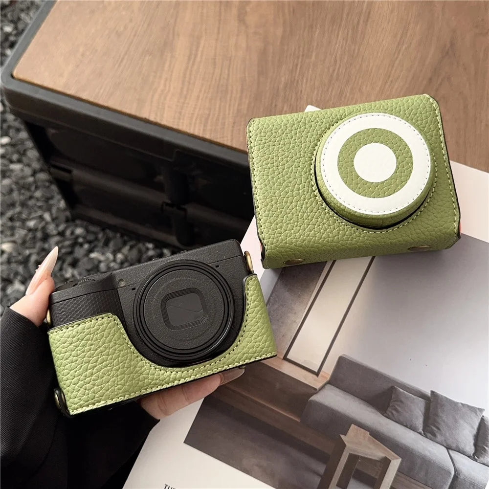 For Ricoh GR IV / GR IIIx / GR III Camera Case Detachable Leather Cover with Flip-Top Lid / Shoulder Strap - Green - 4
