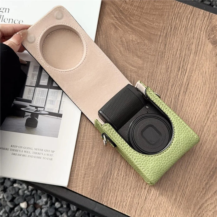 Camera Case with Shoulder Strap for Canon Sony Ricoh Panasonic Camera Retro PU Leather Protective Bag - Green - 5