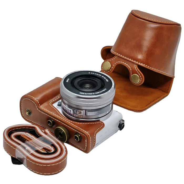Retro PU Leather Camera Case for Sony A5000  /  A5100  /  NEX3N White Stitch Camera Bag with Shoulder Strap Soft Microfiber Lining Protective Case - Brown - 1