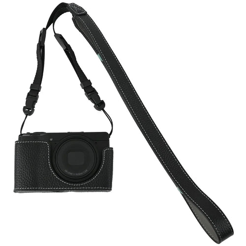 For Ricoh GR III  /  GR IV Camera Case Genuine Leather Base with Shoulder Strap and Tripod Screw Hole - Black - 1
