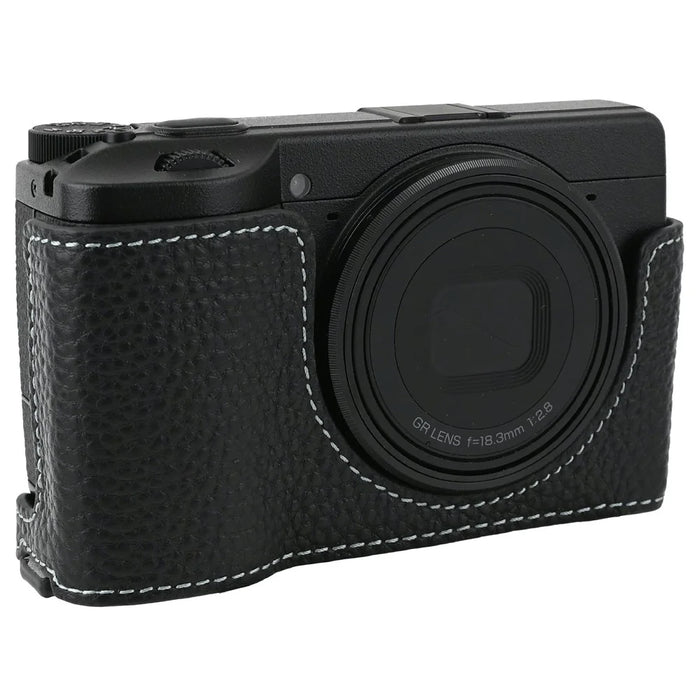 For Ricoh GR III  /  GR IV Camera Case Genuine Leather Base with Shoulder Strap and Tripod Screw Hole - Black - 3