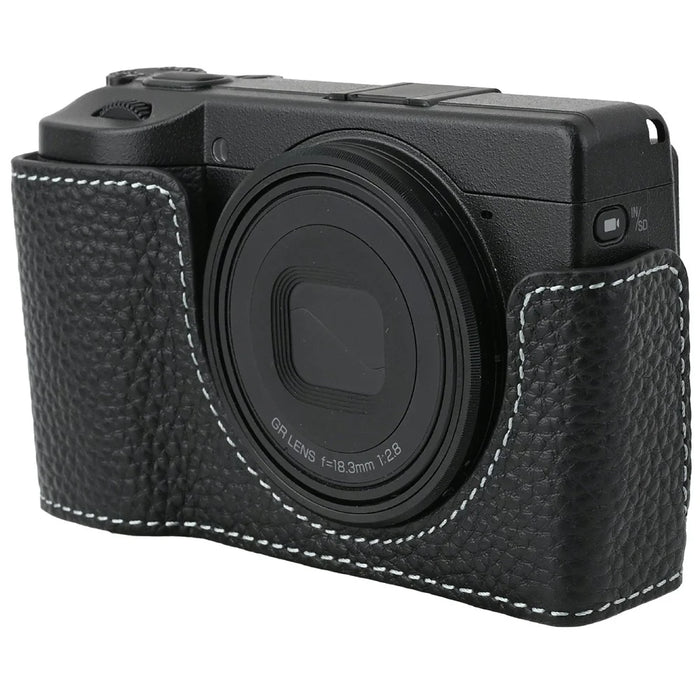 For Ricoh GR III  /  GR IV Camera Case Genuine Leather Base with Shoulder Strap and Tripod Screw Hole - Black - 4