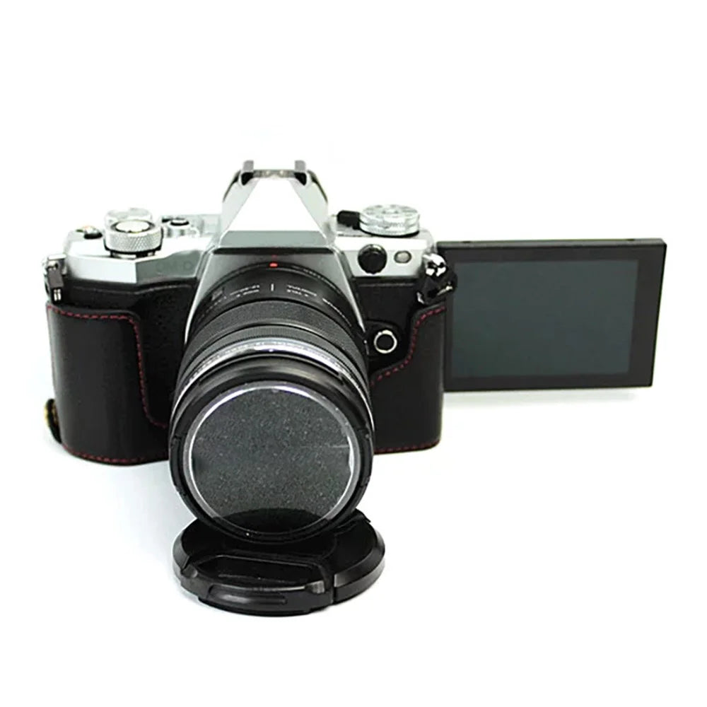For Olympus E-M5 II/E-M5 Mark II Genuine Leather Half Body Case Battery Opening Protective Cover - Black - 5