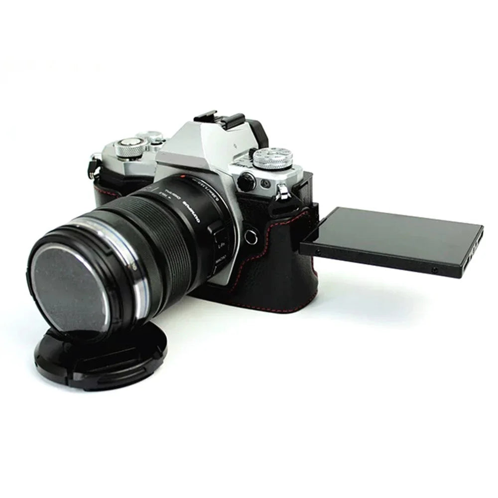 For Olympus E-M5 II/E-M5 Mark II Genuine Leather Half Body Case Battery Opening Protective Cover - Black - 6