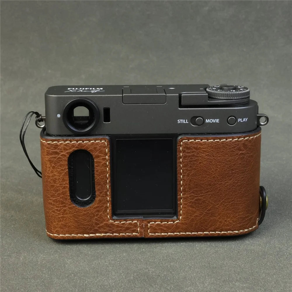 For Fujifilm X Half Camera Case Buffalo Texture Leather Protective Cover with Battery Opening - Coffee - 5