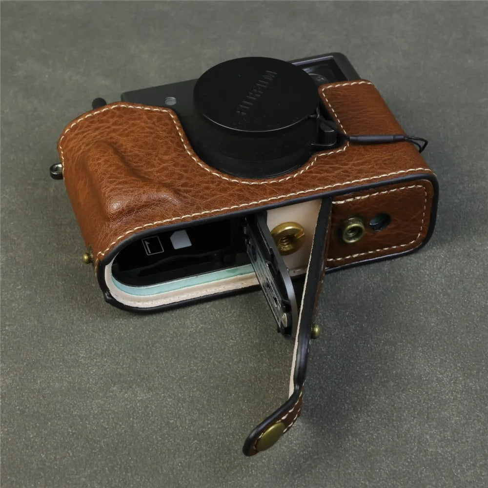 For Fujifilm X Half Camera Case Buffalo Texture Leather Protective Cover with Battery Opening - Coffee - 7