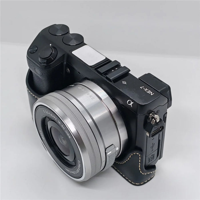 For Sony NEX-7 / NEX-6 Half Body Camera Cover with Battery Access PU Leather Bottom Case - Black - 2