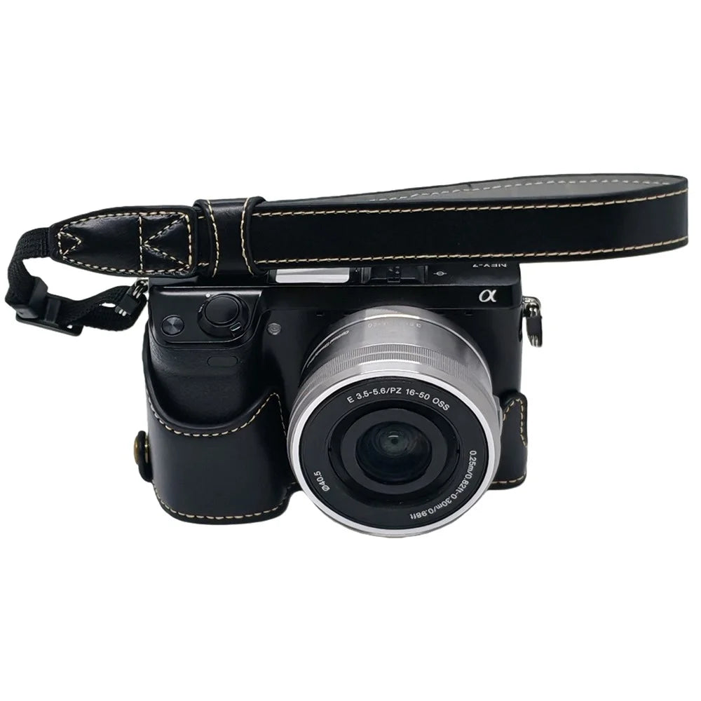 For Sony NEX-7 / NEX-6 PU Leather Camera Case Battery Opening Design Half Body Cover with Hand Strap - Black - 1