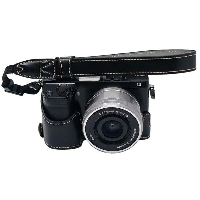 For Sony NEX-7 / NEX-6 PU Leather Camera Case Battery Opening Design Half Body Cover with Hand Strap - Black - 1