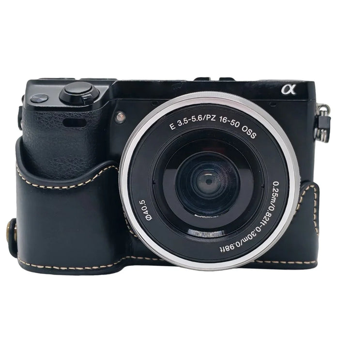 For Sony NEX-7 / NEX-6 PU Leather Camera Case Battery Opening Design Half Body Cover with Hand Strap - Black - 2
