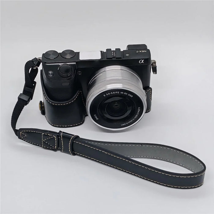 For Sony NEX-7 / NEX-6 PU Leather Camera Case Battery Opening Design Half Body Cover with Hand Strap - Black - 3