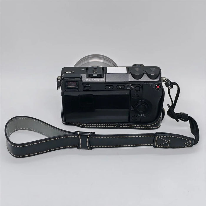 For Sony NEX-7 / NEX-6 PU Leather Camera Case Battery Opening Design Half Body Cover with Hand Strap - Black - 4