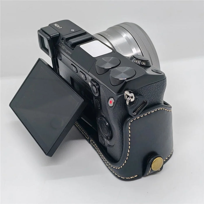 For Sony NEX-7 / NEX-6 PU Leather Camera Case Battery Opening Design Half Body Cover with Hand Strap - Black - 7