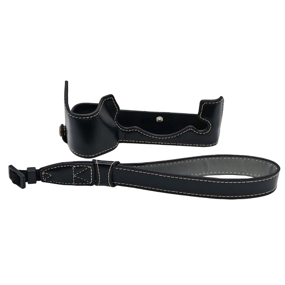 For Fujifilm X-H2 / X-H2s Camera Bottom Case with Hand Strap Battery Opening PU Leather Half Cover - Black - 1