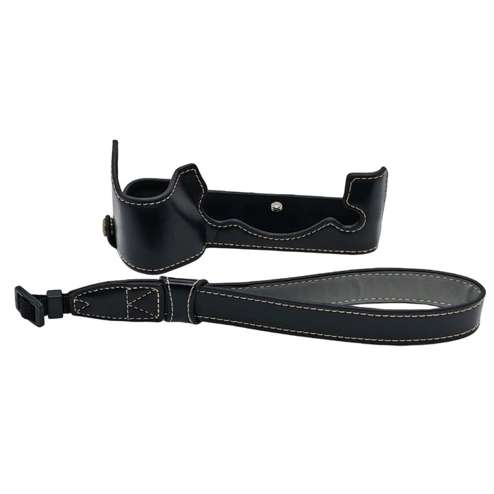For Fujifilm X-H2 / X-H2s Camera Bottom Case with Hand Strap Battery Opening PU Leather Half Cover - Black - 1