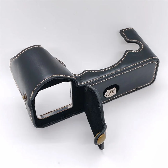 For Fujifilm X-H2 / X-H2s Camera Bottom Case with Hand Strap Battery Opening PU Leather Half Cover - Black - 7