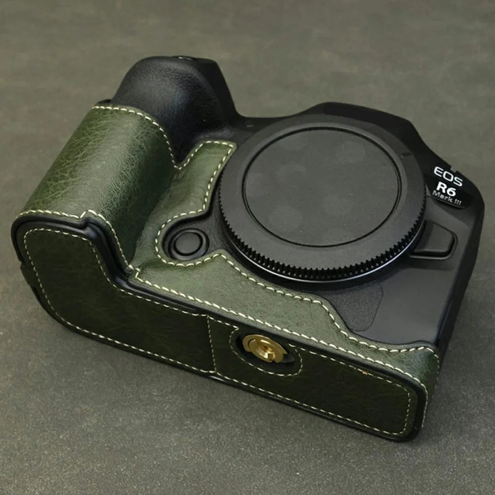 Half Body Camera Cover for Canon EOS R6 Mark III / R6 Mark II / R6 / R5 PU Leather Bottom Case with Battery Access - Green - 4