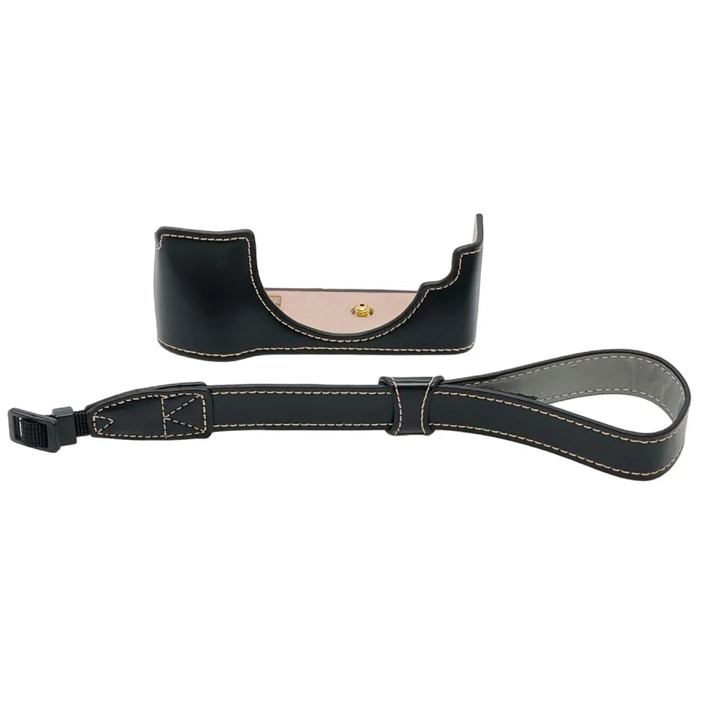 For Olympus PEN E-P5 Camera Bottom Case with Hand Strap Battery Opening PU Leather Half Cover - Black - 1