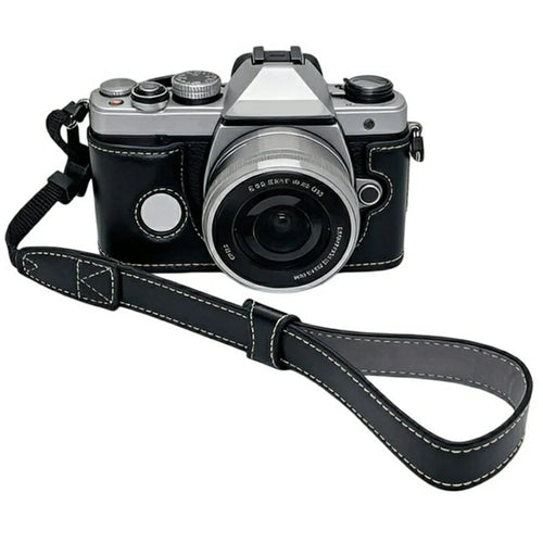 Half Bottom Camera Case with Wrist Strap for Olympus OM-3 Leather Opening Removable Battery Compatible Protective Cover - Black - 1