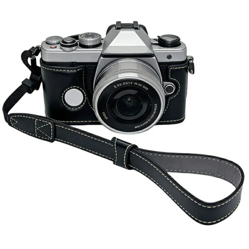 Half Bottom Camera Case with Wrist Strap for Olympus OM-3 Leather Opening Removable Battery Compatible Protective Cover - Black - 1
