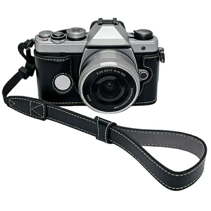 Half Bottom Camera Case with Wrist Strap for Olympus OM-3 Leather Opening Removable Battery Compatible Protective Cover - Black - 1