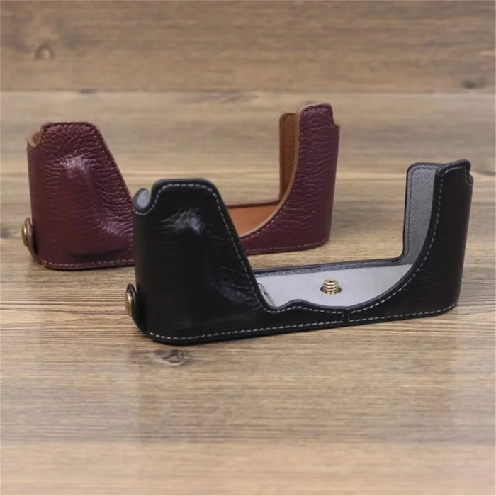 For Leica CL Genuine Leather Half Body Case Battery Opening Protective Cover - Black - 6
