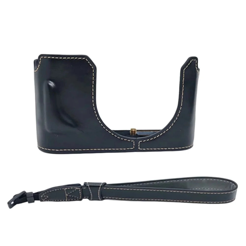 For Leica Q3 Camera Bottom Case with Hand Strap Battery Opening PU Leather Half Cover - Black - 1