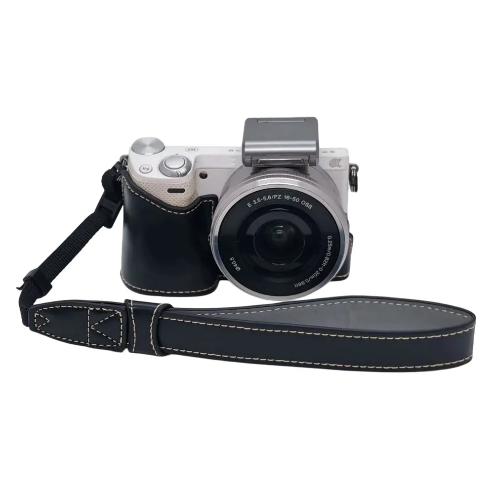 PU Leather Camera Half Case with Strap for Sony NEX-5  /  NEX-5C  /  NEX-5T  /  NEX-5R Camera Protective Cover with Battery Access Tripod Compatible Access - Black - 1