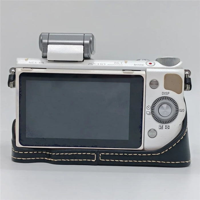 PU Leather Camera Half Case with Strap for Sony NEX-5  /  NEX-5C  /  NEX-5T  /  NEX-5R Camera Protective Cover with Battery Access Tripod Compatible Access - Black - 3