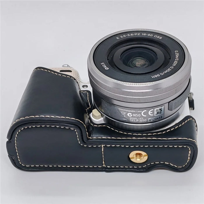 PU Leather Camera Half Case with Strap for Sony NEX-5  /  NEX-5C  /  NEX-5T  /  NEX-5R Camera Protective Cover with Battery Access Tripod Compatible Access - Black - 6