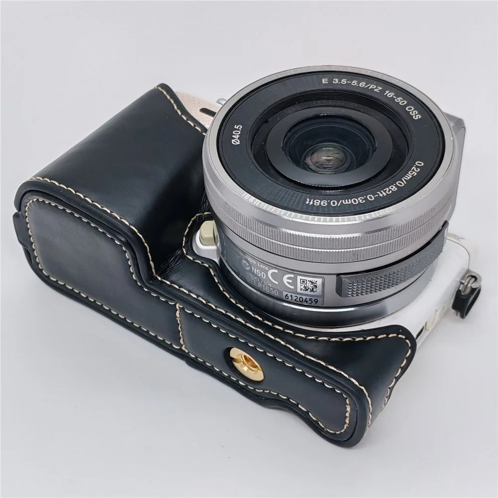Camera Half Case for Sony NEX-5  /  NEX-5C  /  NEX-5T  /  NEX-5R PU Leather Bottom Grip Cover with Battery Access Tripod Compatible Access - Black - 7