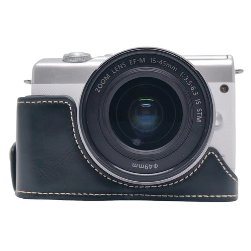 Camera Half Case for Canon EOS M10  /  M100  /  M200 Faux Leather Hand Grip Case Removable Battery Access Protective Cover - Black - 1