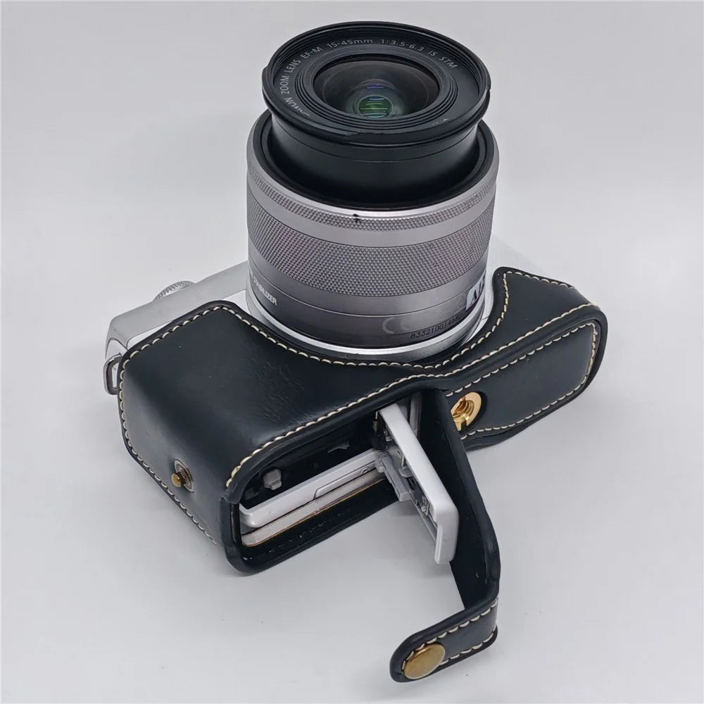 Camera Half Case for Canon EOS M10  /  M100  /  M200 Faux Leather Hand Grip Case Removable Battery Access Protective Cover - Black - 7
