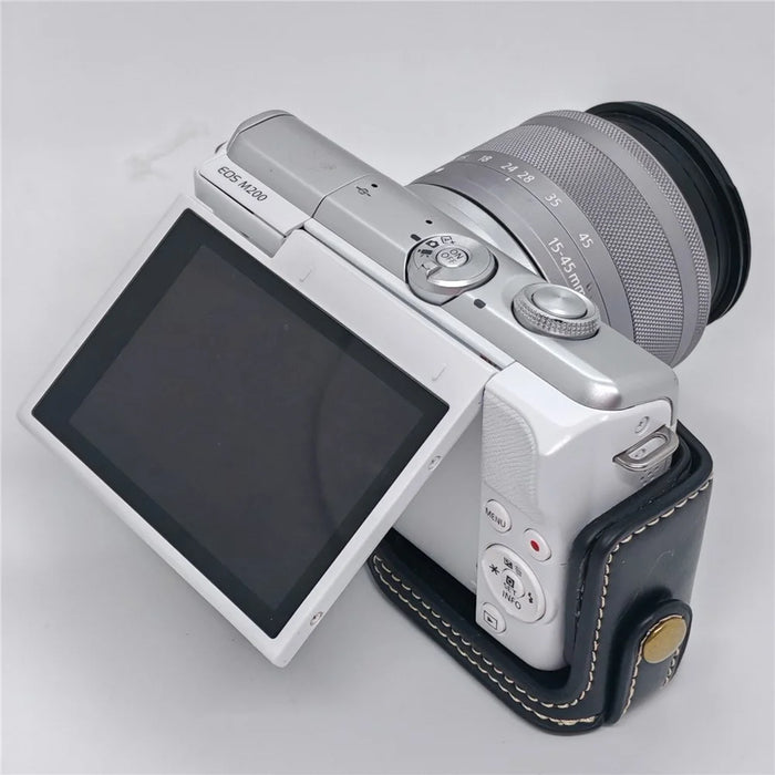 Camera Case for Canon EOS M10  /  M100  /  M200 Faux Leather Half Case with Hand Strap Removable Battery Access Base Cover - Black - 4