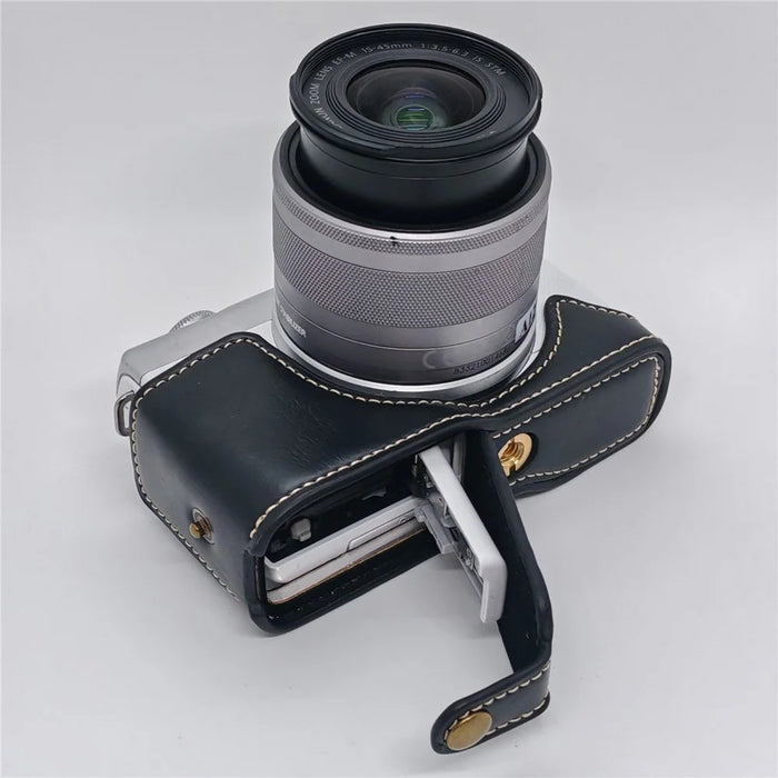 Camera Case for Canon EOS M10  /  M100  /  M200 Faux Leather Half Case with Hand Strap Removable Battery Access Base Cover - Black - 7