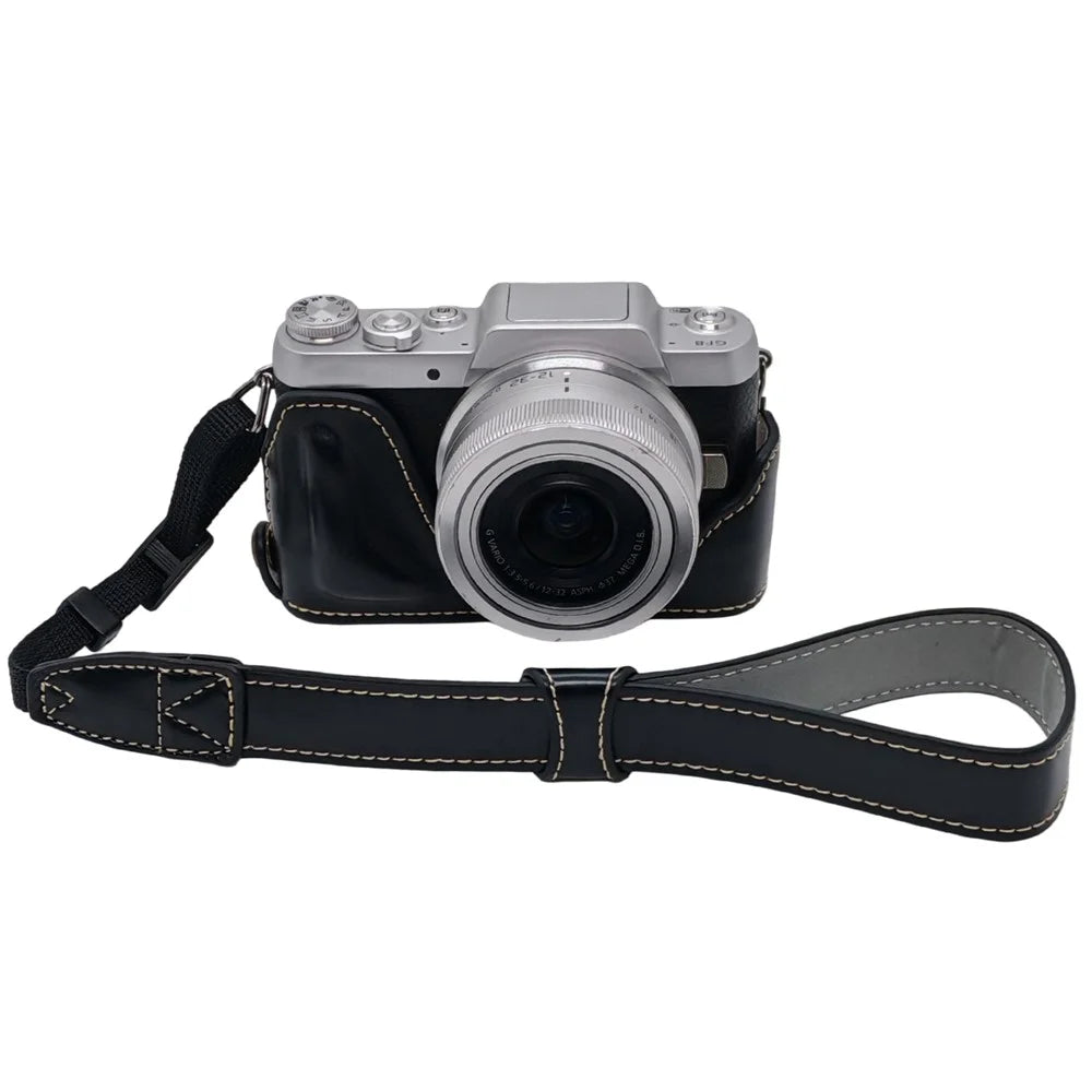 Camera Grip Case for Panasonic GF7  /  GF8  /  GF9  /  GF10 PU Leather Half Case with Wrist Strap Bottom Opening Design - Black - 1
