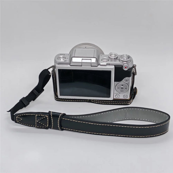 Camera Grip Case for Panasonic GF7  /  GF8  /  GF9  /  GF10 PU Leather Half Case with Wrist Strap Bottom Opening Design - Black - 2
