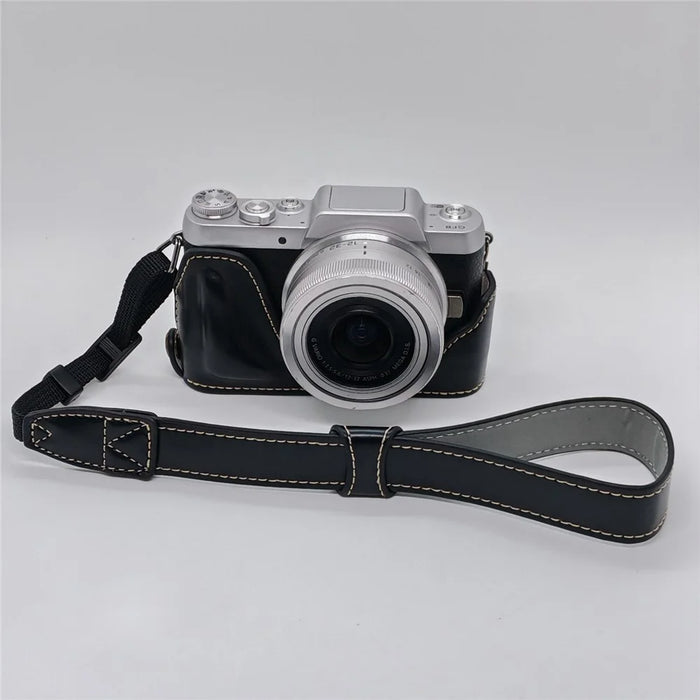 Camera Grip Case for Panasonic GF7  /  GF8  /  GF9  /  GF10 PU Leather Half Case with Wrist Strap Bottom Opening Design - Black - 3