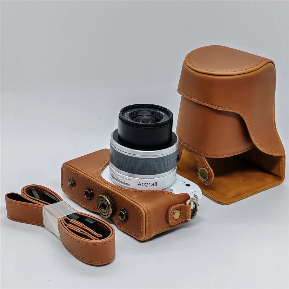 Camera Leather Case for Nikon J1  /  J2 Half Cover Body Bag with Shoulder Strap PU Leather Protective Cover - Coffee - 5