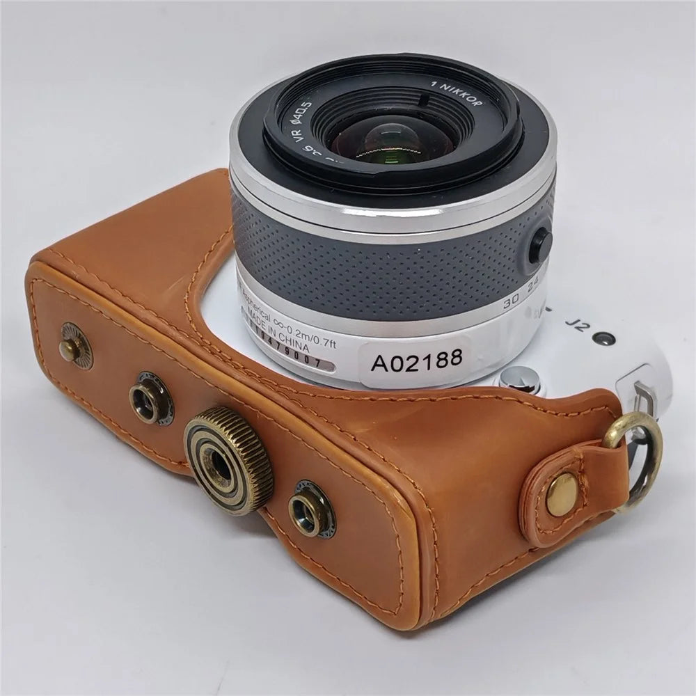 Camera Leather Case for Nikon J1  /  J2 Half Cover Body Bag with Shoulder Strap PU Leather Protective Cover - Coffee - 7