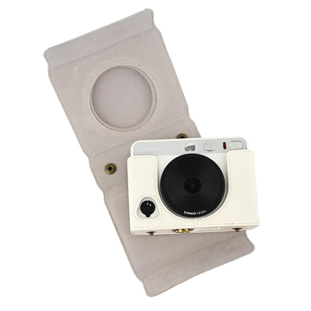 For Leica SOFORT 2 Camera Case with Shoulder Strap PU Leather Protective Cover Instant Film Camera Pouch - White - 3